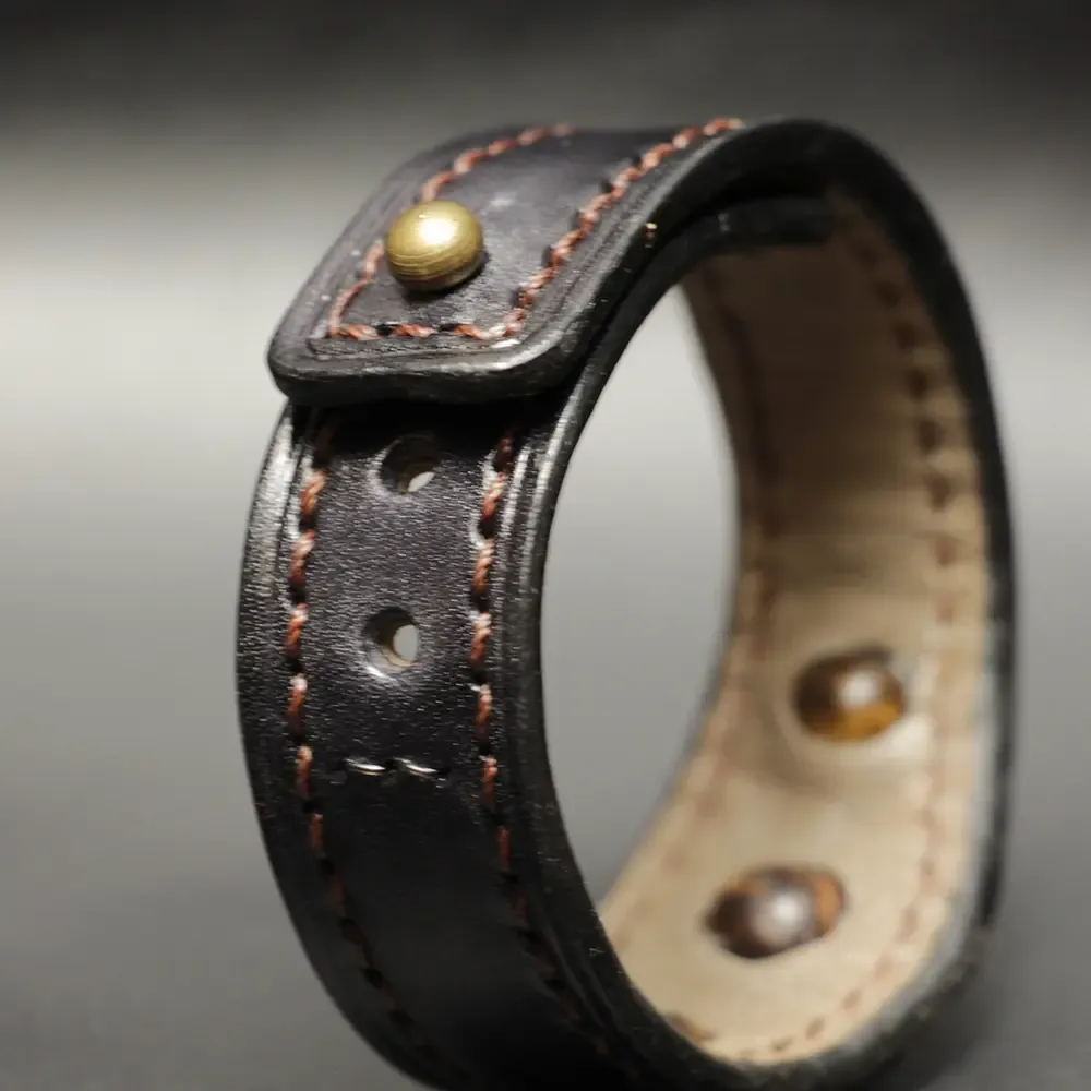 Bracelet cuir noir cousu main – Tantal & Bronzite naturelle – Image 4