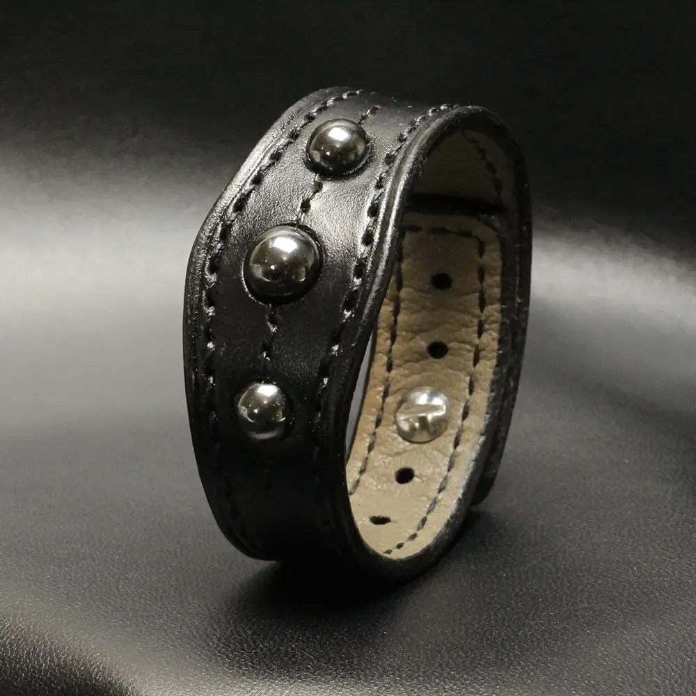Bracelet cuir noir cousu main – TanTal Full Black & Hématite