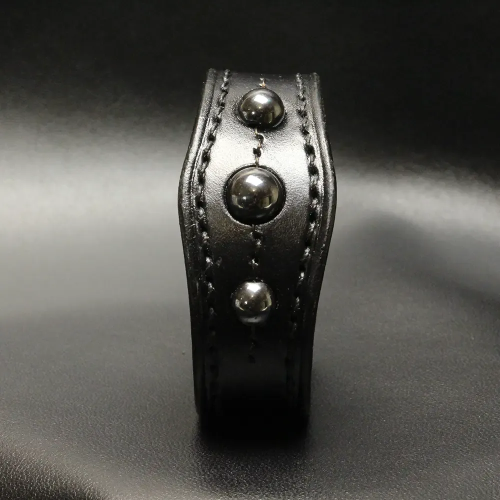 Bracelet cuir noir cousu main – TanTal Full Black & Hématite – Image 3