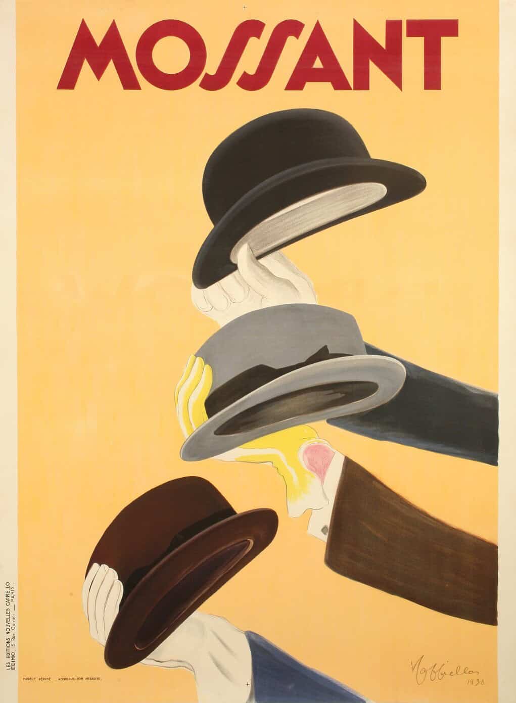 Affiche Originale, Leonetto Cappiello, Mossant, Chapeaux, Chapelier, Chapellerie, Mode, Couture, Textile, Accessoire, Feutre, Homme, Gentleman, Costume, Gants, 1938