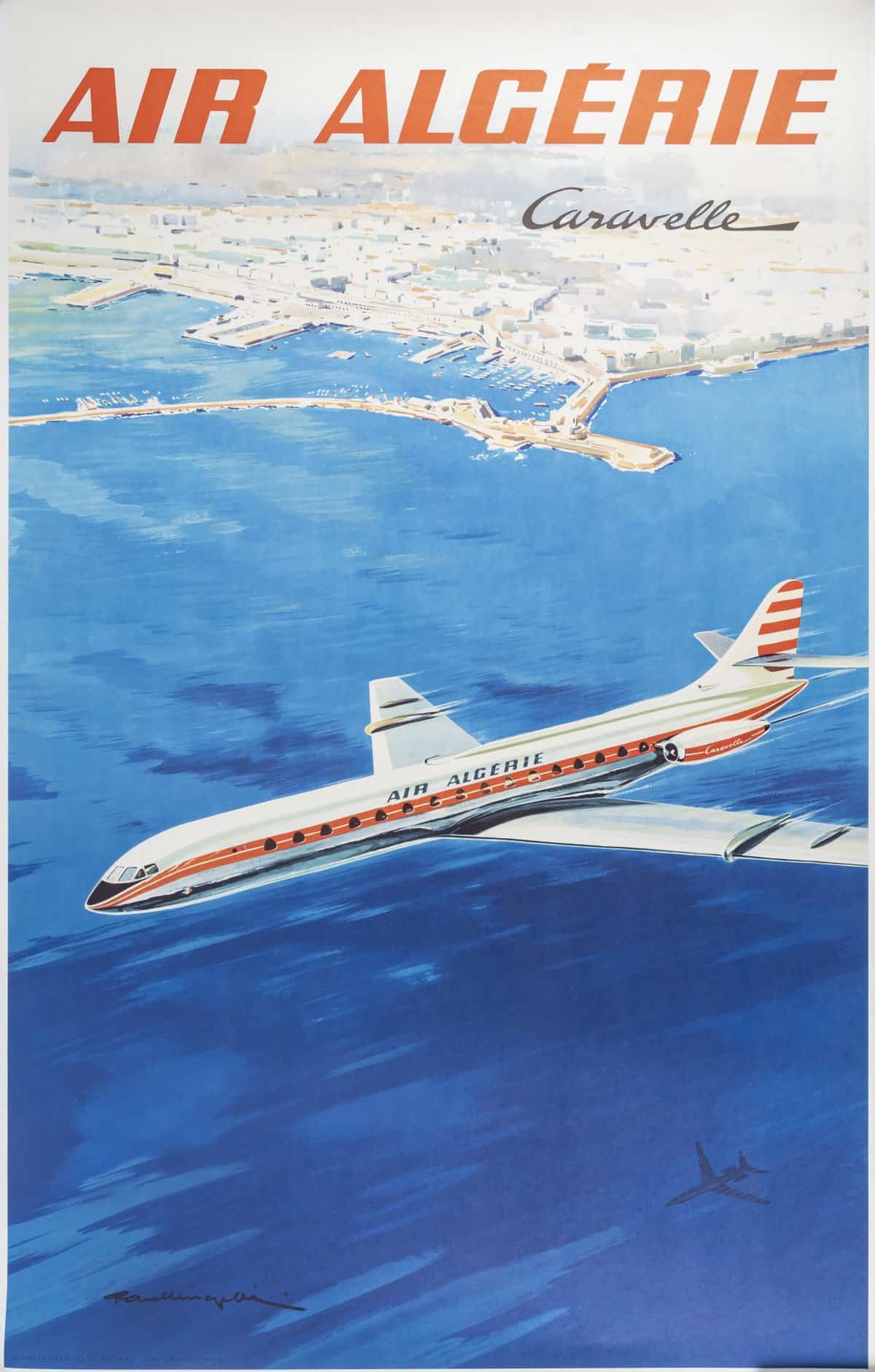 Affiche Tourisme Originale, Paul Langellé, Air Algérie, Caravelle, Transport, Voyage, Aviation, Avion, Vol, Afrique du Nord, Maghreb, Mer, c.1950