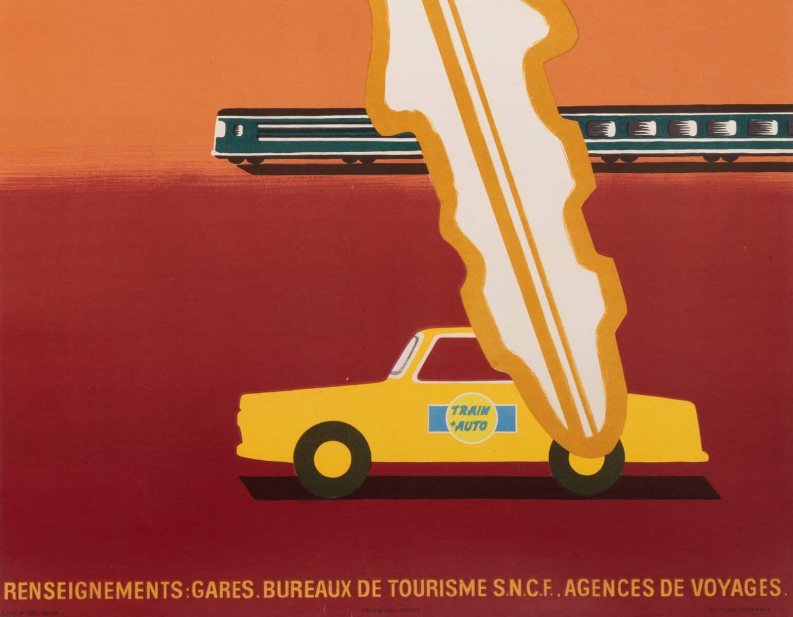 Affiche Originale, Bernard Villemot, SNCF, Chemins de Fer, Tourisme, Transport, Voyage, Trains, Voitures, Automobile, Véhicule, Location, Clé, 1971 – Image 4